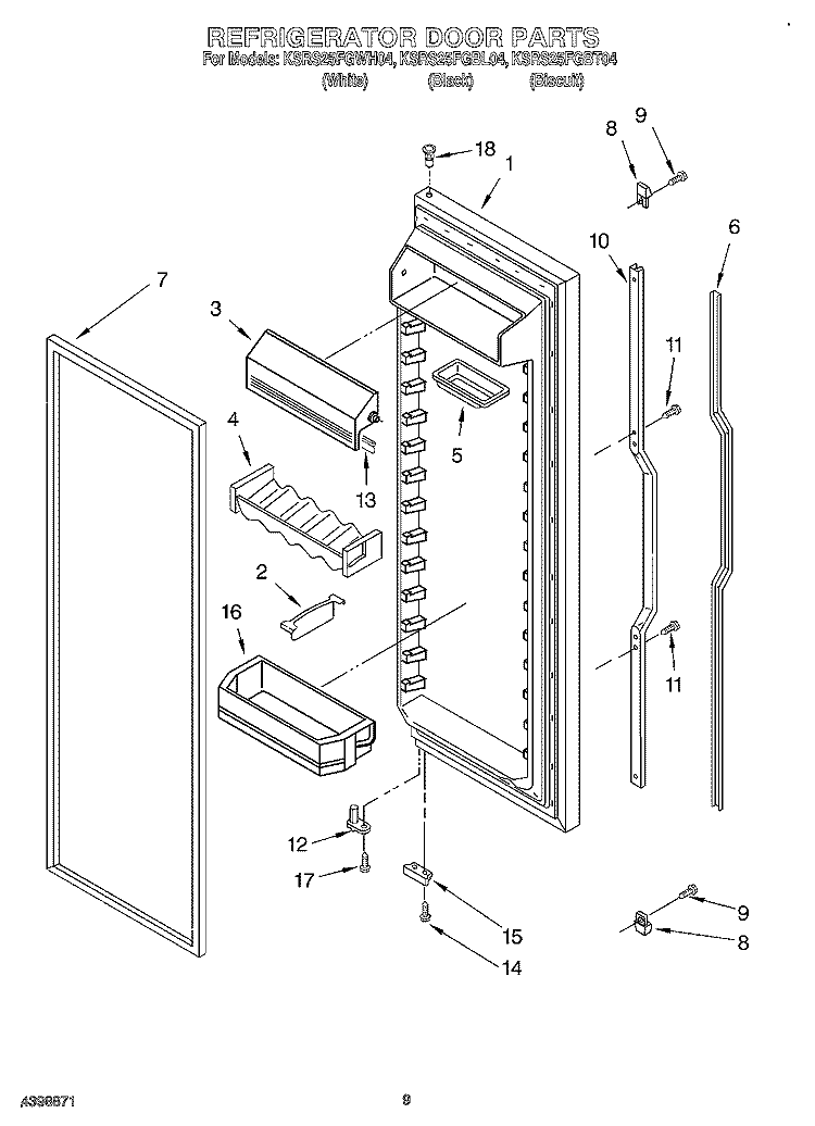 REFRIGERATOR DOOR Diagram and Parts List for KSRS25FGBT04  KitchenAid Refrigerator