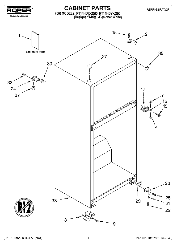 CABINET, LITERATURE Diagram and Parts List for RT14HDYKQ00  Roper Refrigerator
