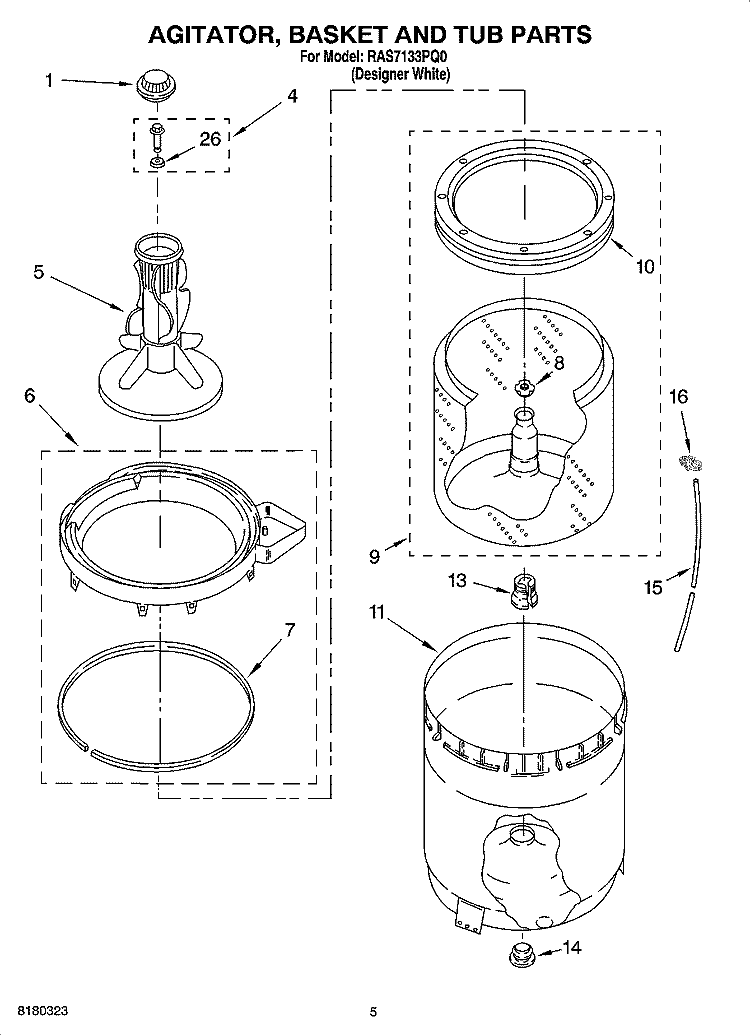 AGITATOR, BASKET AND TUB PARTS Diagram and Parts List for RAS7133PQ0  Roper Washer