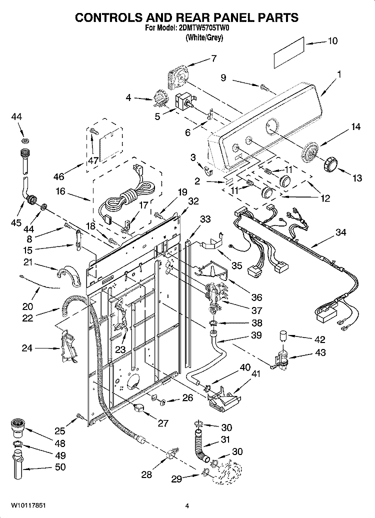 CONTROLS AND REAR PANEL PARTS Diagram and Parts List for 2DMTW5705TW0  Whirlpool Washer