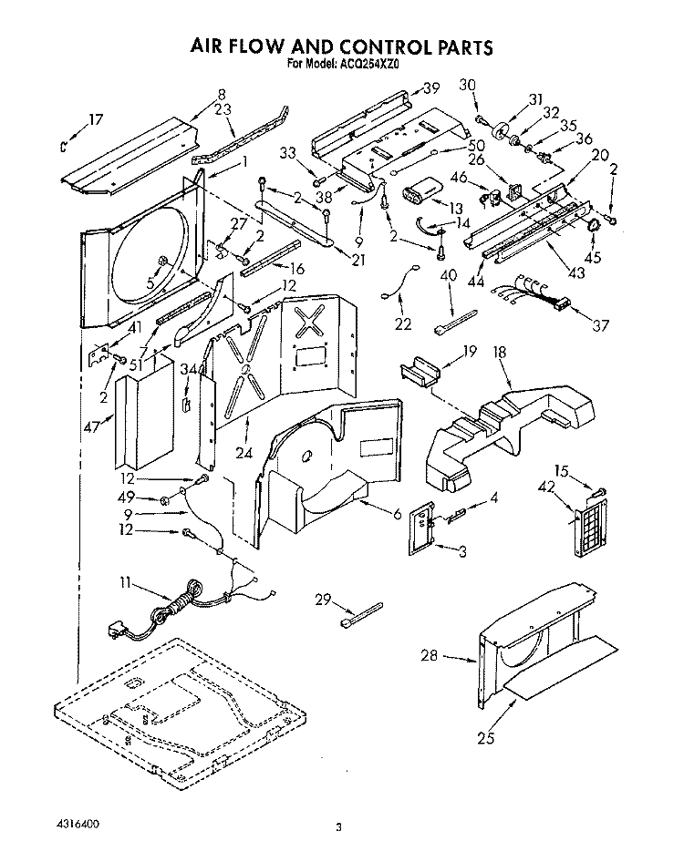 AIR FLOW AND CONTROL Diagram and Parts List for ACQ254XZ0  Whirlpool Air Conditioner