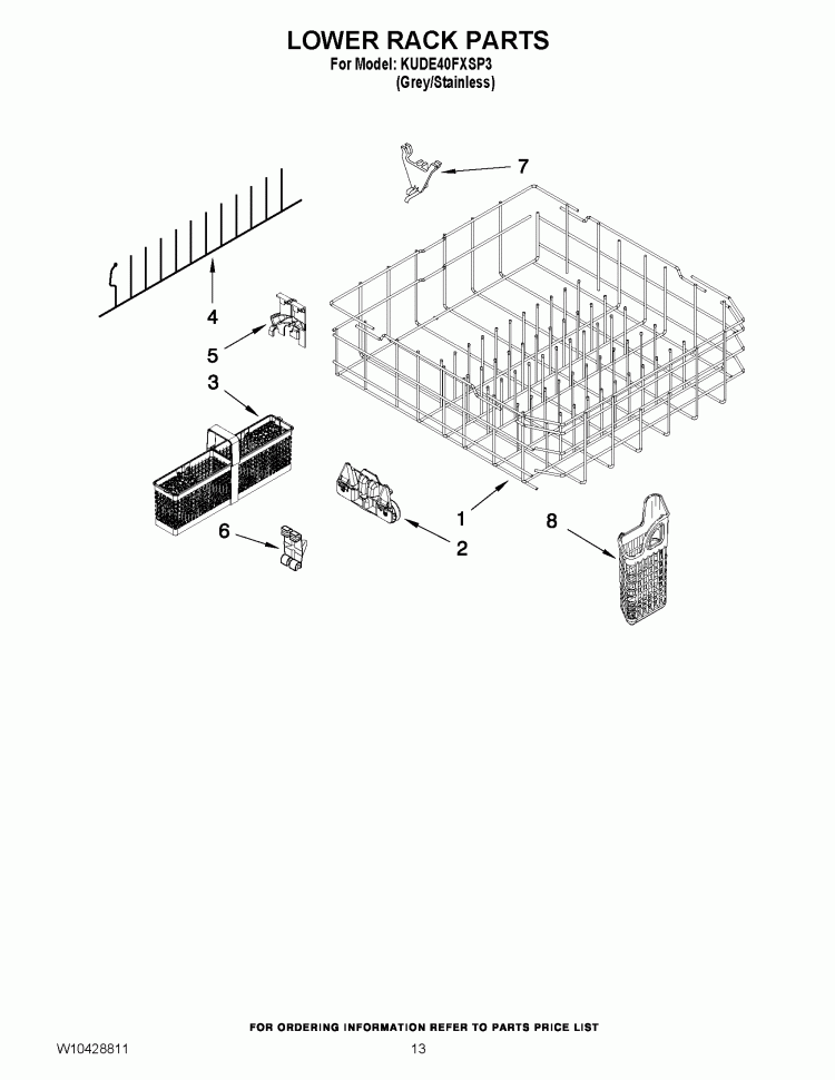 LOWER RACK PARTS Diagram and Parts List for KUDE40FXSP3  KitchenAid Dishwasher
