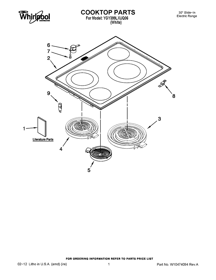 COOKTOP PARTS Diagram and Parts List for YGY399LXUQ06  Whirlpool Range