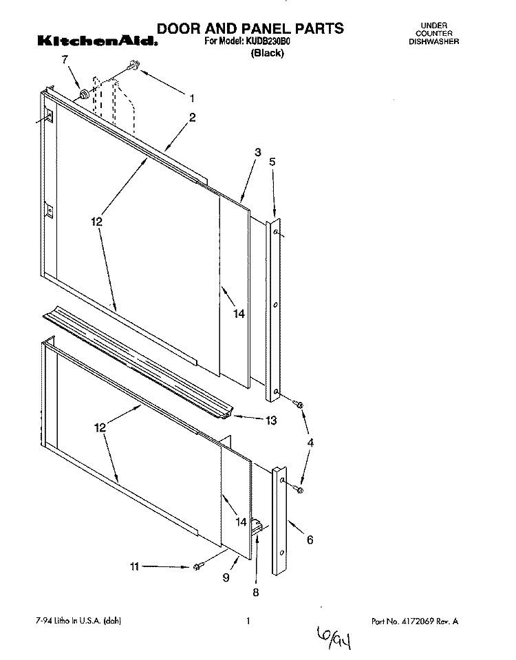 DOOR AND PANEL Diagram and Parts List for KUDB230B0  KitchenAid Dishwasher