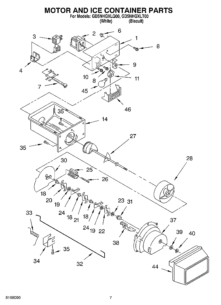 MOTOR AND ICE CONTAINER Diagram and Parts List for GD5NHGXLQ00  Whirlpool Refrigerator