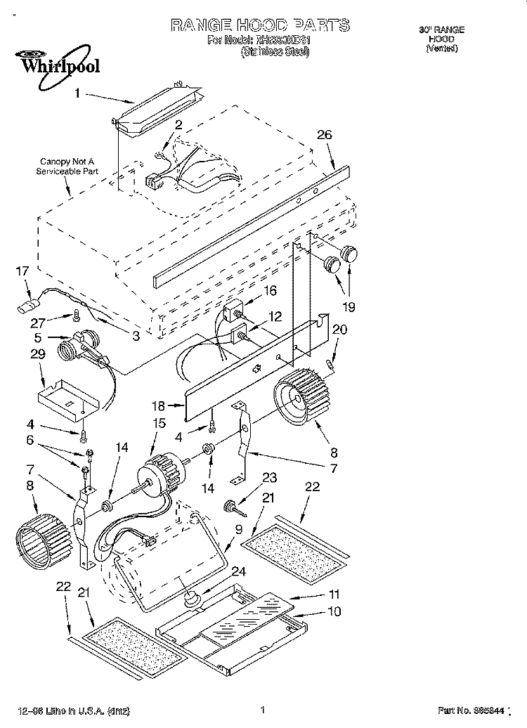 SECTION Diagram and Parts List for RH8330XDS1  Whirlpool Range Hood
