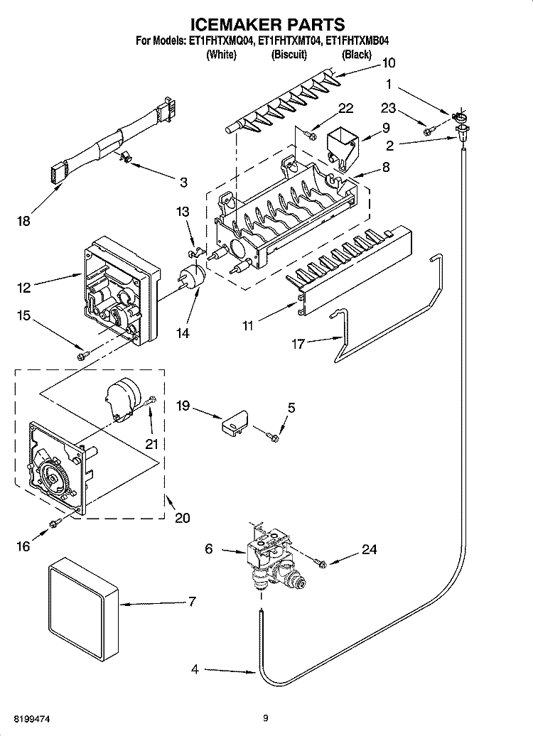 ICEMAKER PARTS Diagram and Parts List for ET1FHTXMB04  Whirlpool Refrigerator