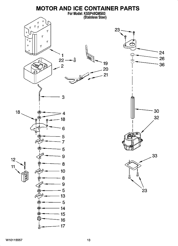 MOTOR AND ICE CONTAINER PARTS Diagram and Parts List for KSSP48QMS03  KitchenAid Refrigerator