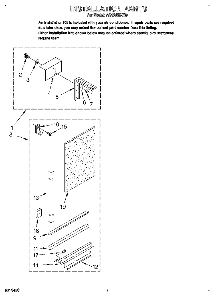INSTALLATION Diagram and Parts List for ACQ082XA0  Whirlpool Air Conditioner