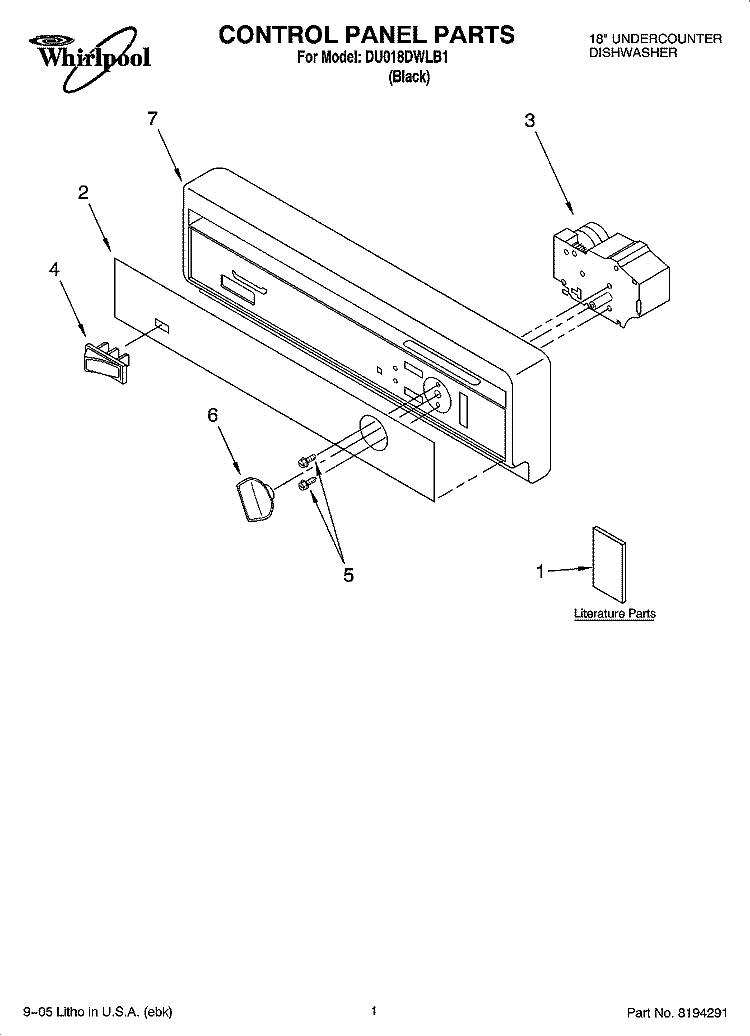 CONTROL PANEL PARTS Diagram and Parts List for DU018DWLB1  Whirlpool Dishwasher