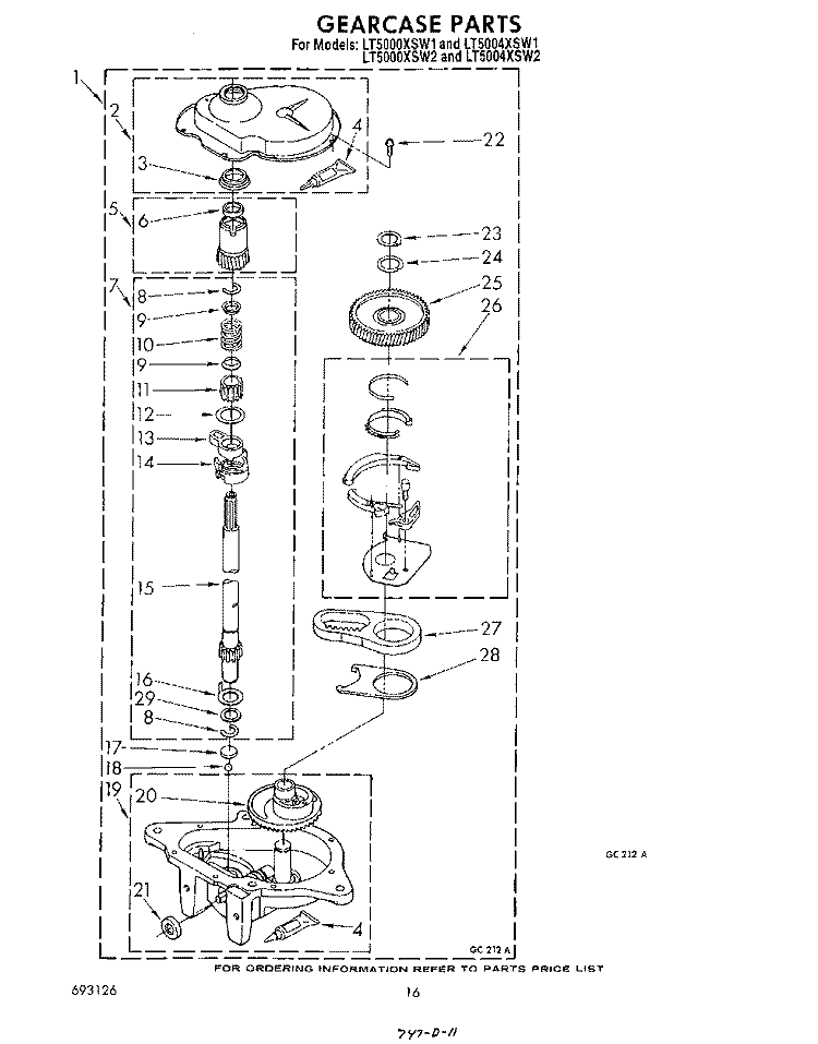 GEARCASE Diagram and Parts List for LT5000XSW1  Whirlpool Washer Dryer Combo
