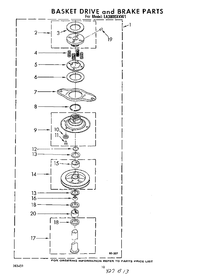 BASKET DRIVE AND BRAKE Diagram and Parts List for LA3800XKW1  Whirlpool Washer