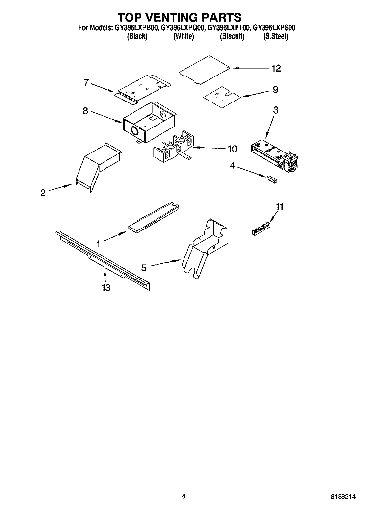TOP VENTING PARTS, OPTIONAL PARTS Diagram and Parts List for GY396LXPS00  Whirlpool Range
