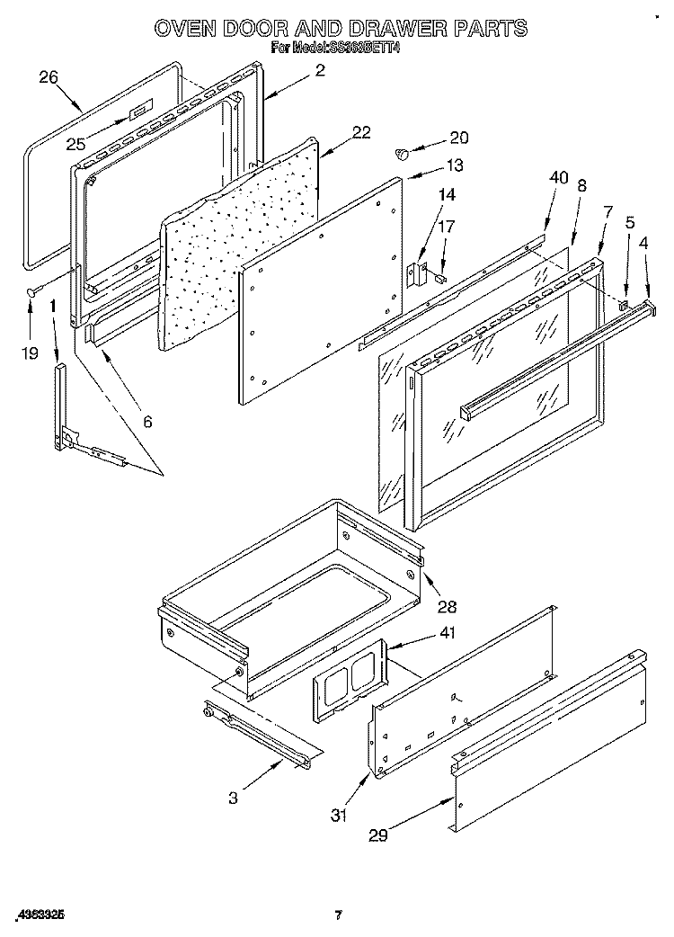 OVEN DOOR AND DRAWER Diagram and Parts List for SS363BETT4  Whirlpool Range