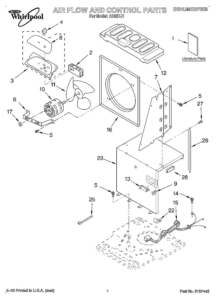SECTION Diagram and Parts List for AD25TJ1  Whirlpool Dehumidifier
