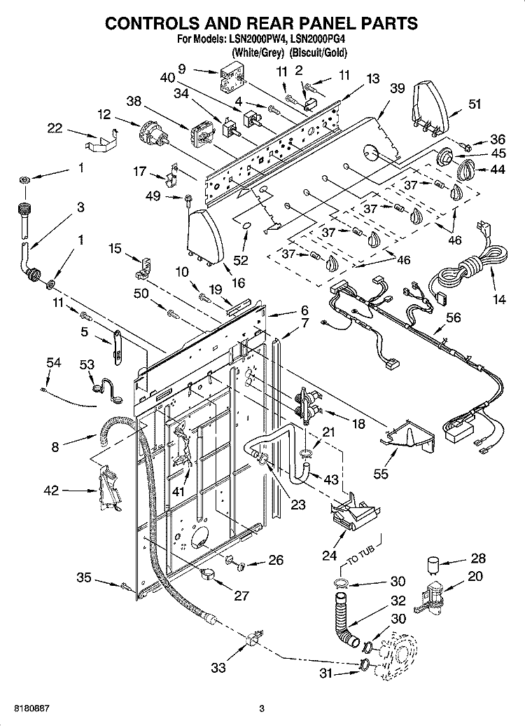 CONTROLS AND REAR PANEL PARTS Diagram and Parts List for LSN2000PG4  Whirlpool Washer