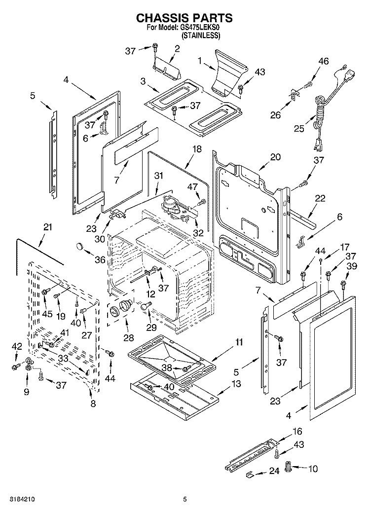CHASSIS Diagram and Parts List for GR475LEKS0  Whirlpool Range