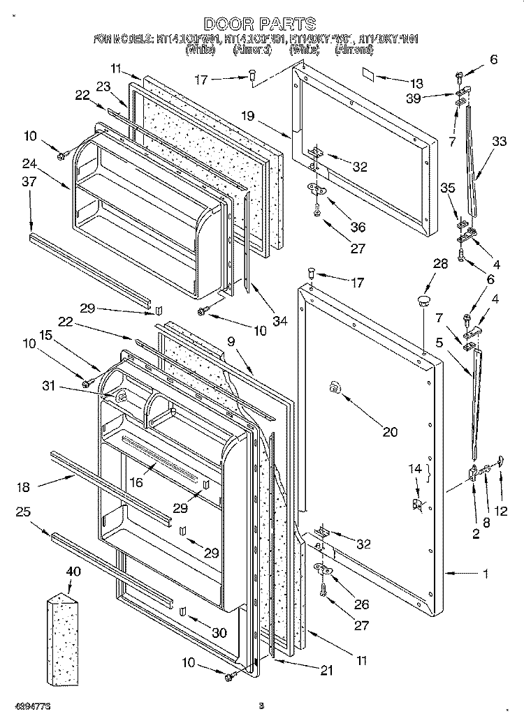 DOOR Diagram and Parts List for RT14DKXFW01  Roper Refrigerator