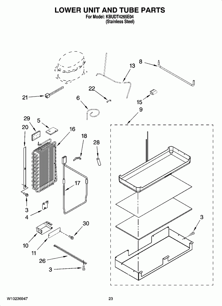 LOWER UNIT AND TUBE PARTS Diagram and Parts List for KBUDT4265E04  KitchenAid Refrigerator