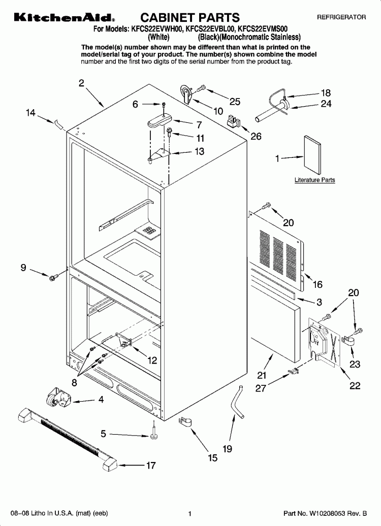 CABINET PARTS Diagram and Parts List for KFCS22EVBL00  KitchenAid Refrigerator