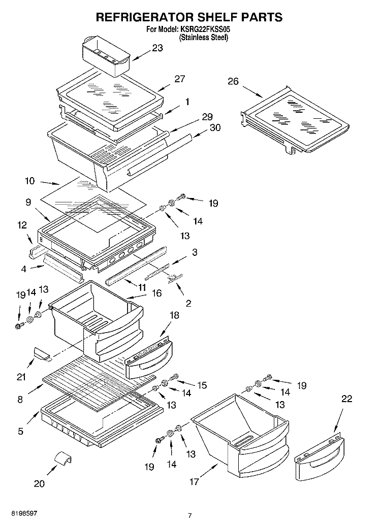 REFRIGERATOR SHELF PARTS Diagram and Parts List for KSRG22FKSS05  KitchenAid Refrigerator