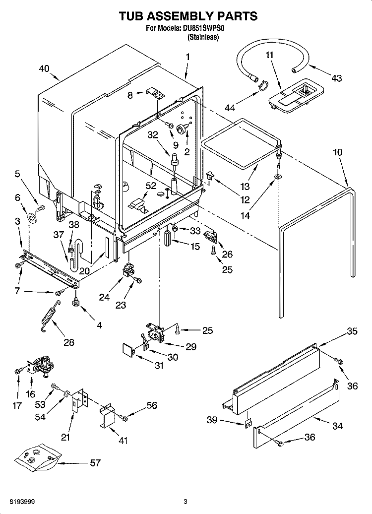 TUB ASSEMBLY PARTS Diagram and Parts List for DU851SWPS0  Whirlpool Dishwasher