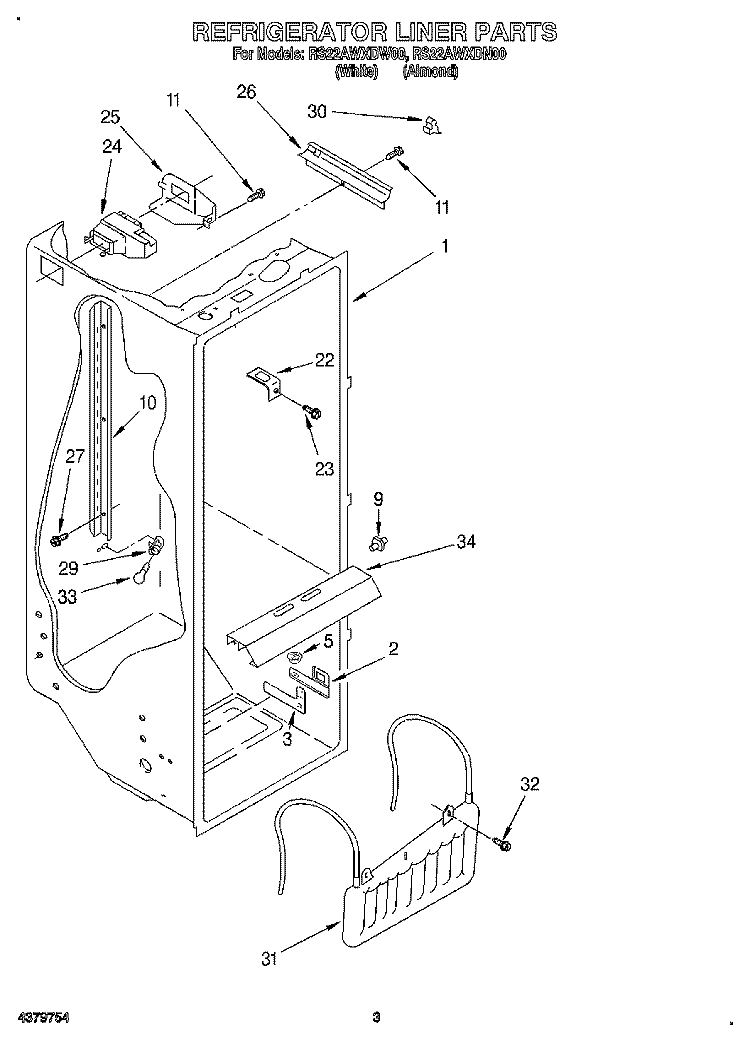 REFRIGERATOR LINER Diagram and Parts List for RS22AWXDN00  Roper Refrigerator