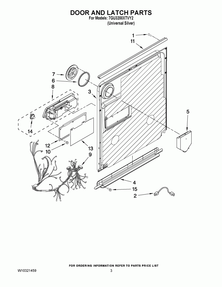 DOOR AND LATCH PARTS Diagram and Parts List for 7GU3200XTVY2  Whirlpool Dishwasher