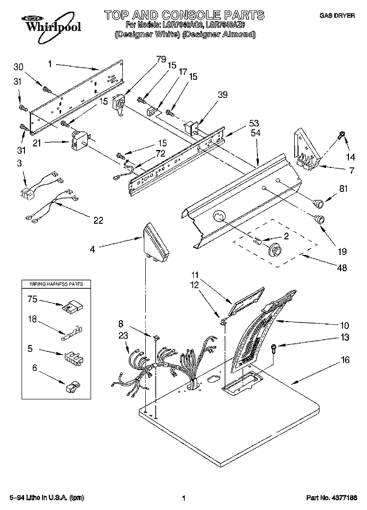 TOP AND CONSOLE, LIT/OPTIONAL Diagram and Parts List for LGR7646AZ0  Whirlpool Dryer