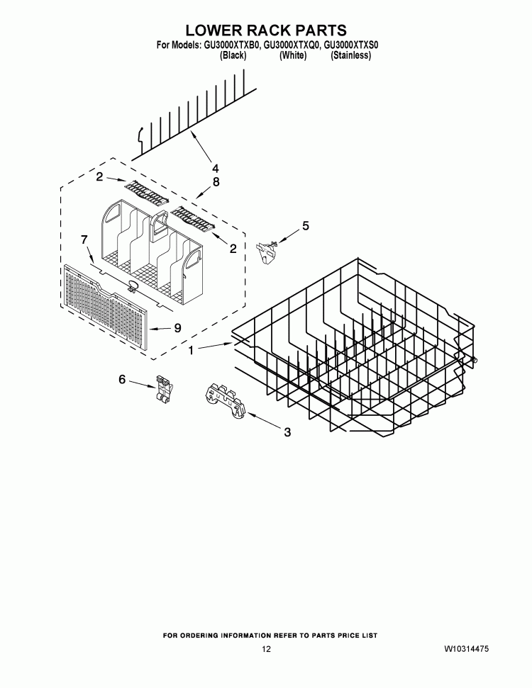 LOWER RACK PARTS Diagram and Parts List for GU3000XTXS0  Whirlpool Dishwasher