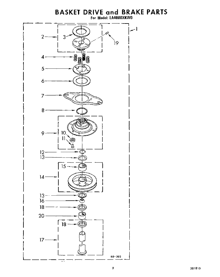 BASKET DRIVE AND BRAKE Diagram and Parts List for LA4000XKW0  Whirlpool Washer