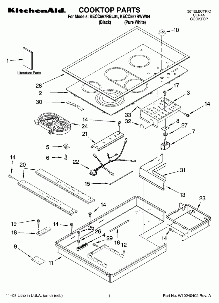 COOKTOP PARTS, OPTIONAL PARTS Diagram and Parts List for KECC567RWW04  KitchenAid Cooktop