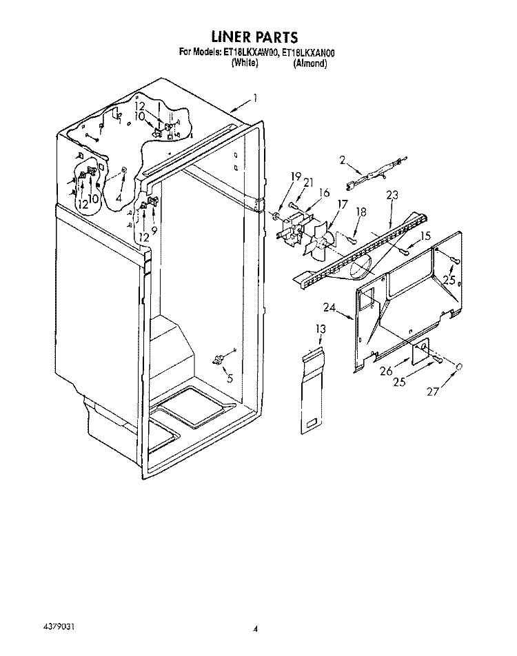 LINER Diagram and Parts List for ET18LKXAN00  Whirlpool Refrigerator