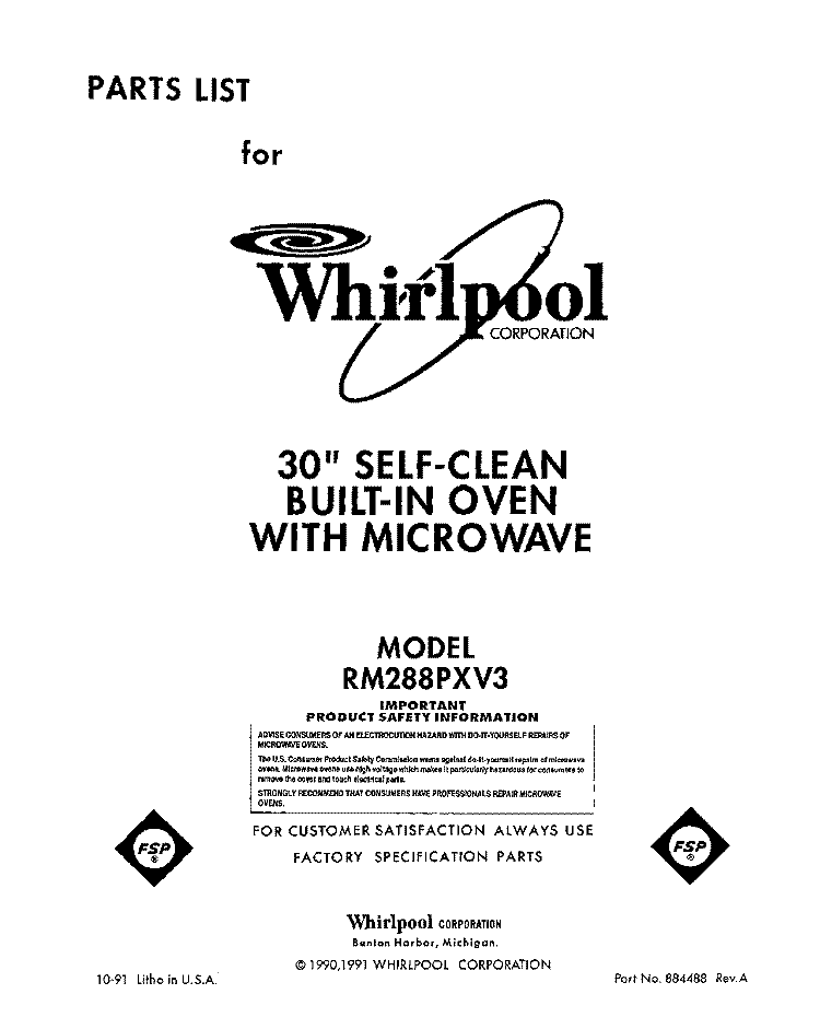 FRONT COVER Diagram and Parts List for RM288PXV3  Whirlpool Microwave Oven Combo