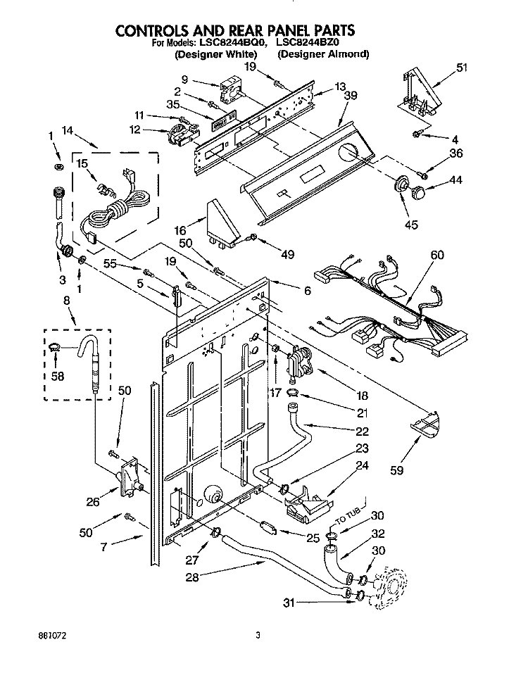 CONTROLS AND REAR PANEL Diagram and Parts List for LSC8244BZ0  Whirlpool Washer