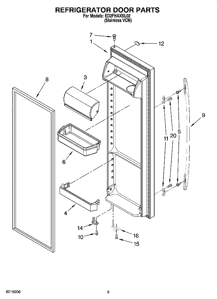 REFRIGERATOR DOOR PARTS Diagram and Parts List for ED2FHAXSL02  Whirlpool Refrigerator