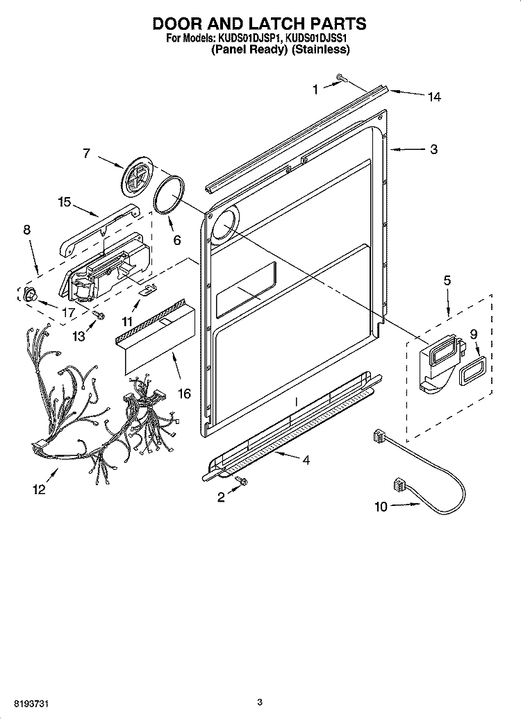 DOOR AND LATCH PARTS Diagram and Parts List for KUDS01DJSP1  KitchenAid Dishwasher