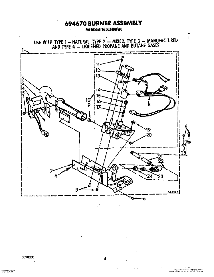 694670 BURNER Diagram and Parts List for TGDL660WW0  Whirlpool Dryer
