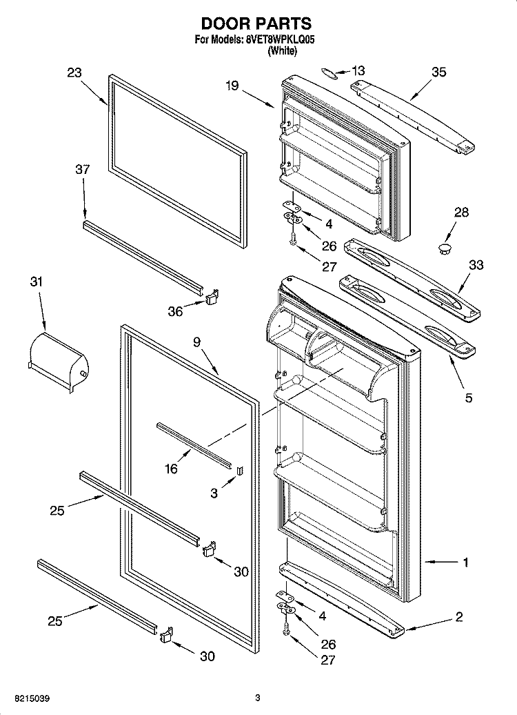 DOOR PARTS Diagram and Parts List for 8VET8WPKLQ05  Whirlpool Refrigerator