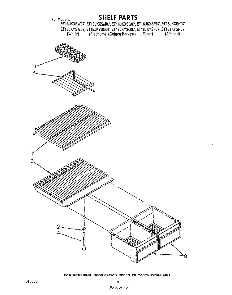SHELF Diagram and Parts List for ET18JKYSG07  Whirlpool Refrigerator