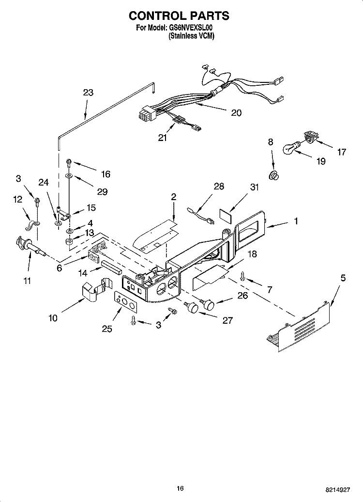 CONTROL PARTS Diagram and Parts List for GS6NVEXSL00  Whirlpool Refrigerator