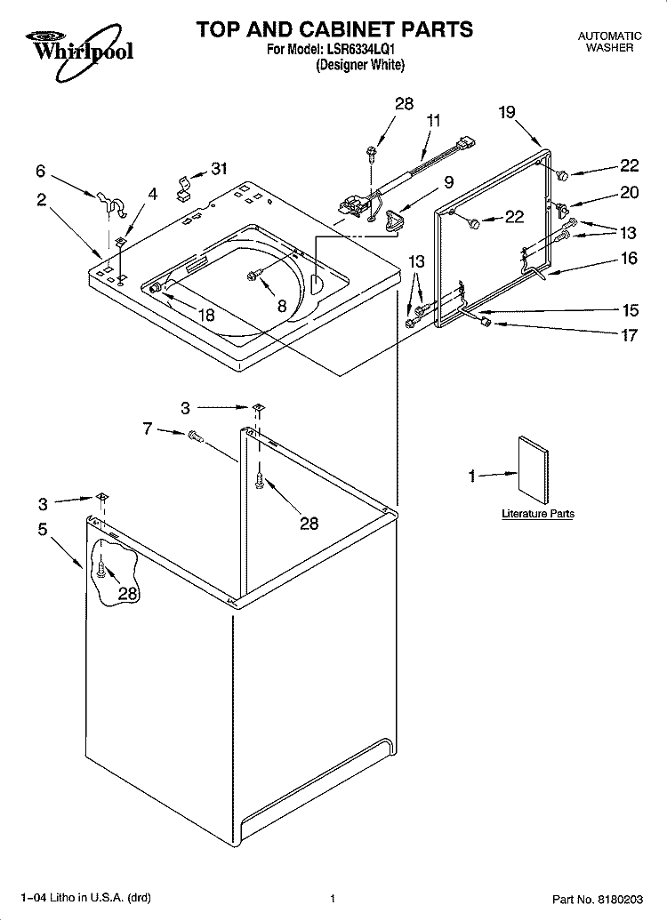 TOP AND CABINET PARTS Diagram and Parts List for LSR6334LQ1  Whirlpool Washer