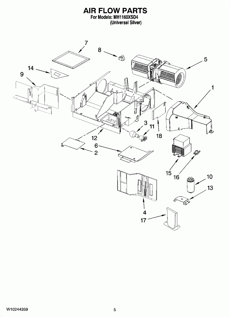 AIR FLOW PARTS Diagram and Parts List for MH1160XSD4  Whirlpool Microwave