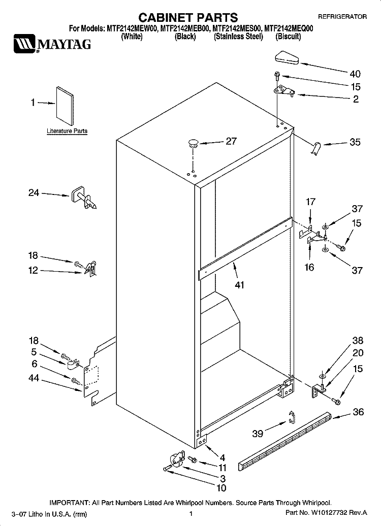 CABINET PARTS Diagram and Parts List for MTF2142MES00  Whirlpool Refrigerator