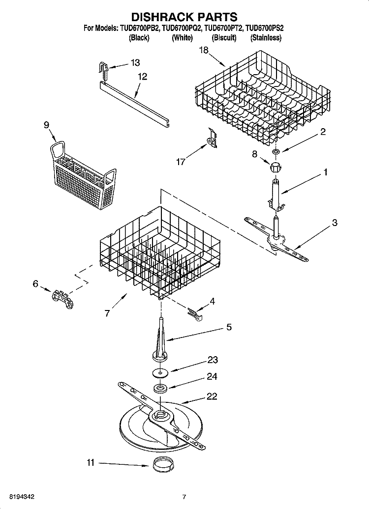 DISHRACK PARTS, OPTIONAL PARTS (NOT INCLUDED) Diagram and Parts List for TUD6700PB2  Estate Dishwasher