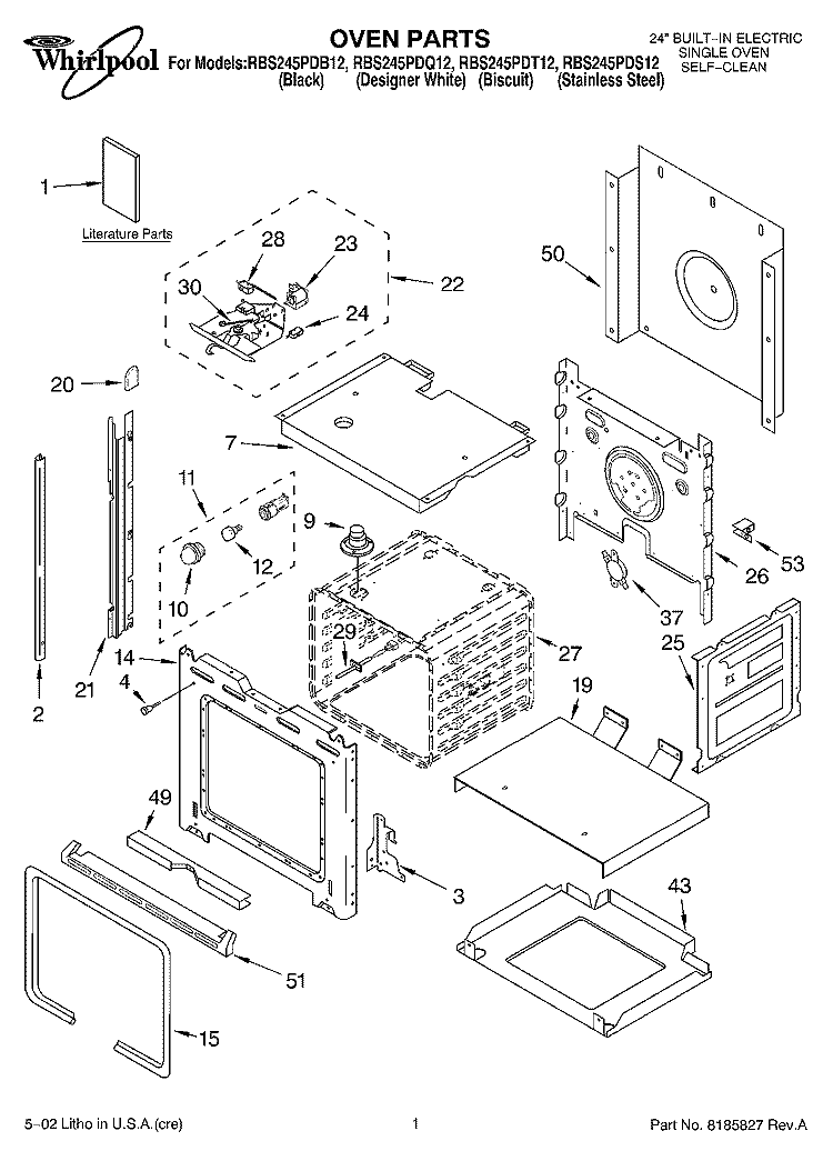 OVEN, LITERATURE Diagram and Parts List for RBS245PDT12  Whirlpool Wall Oven