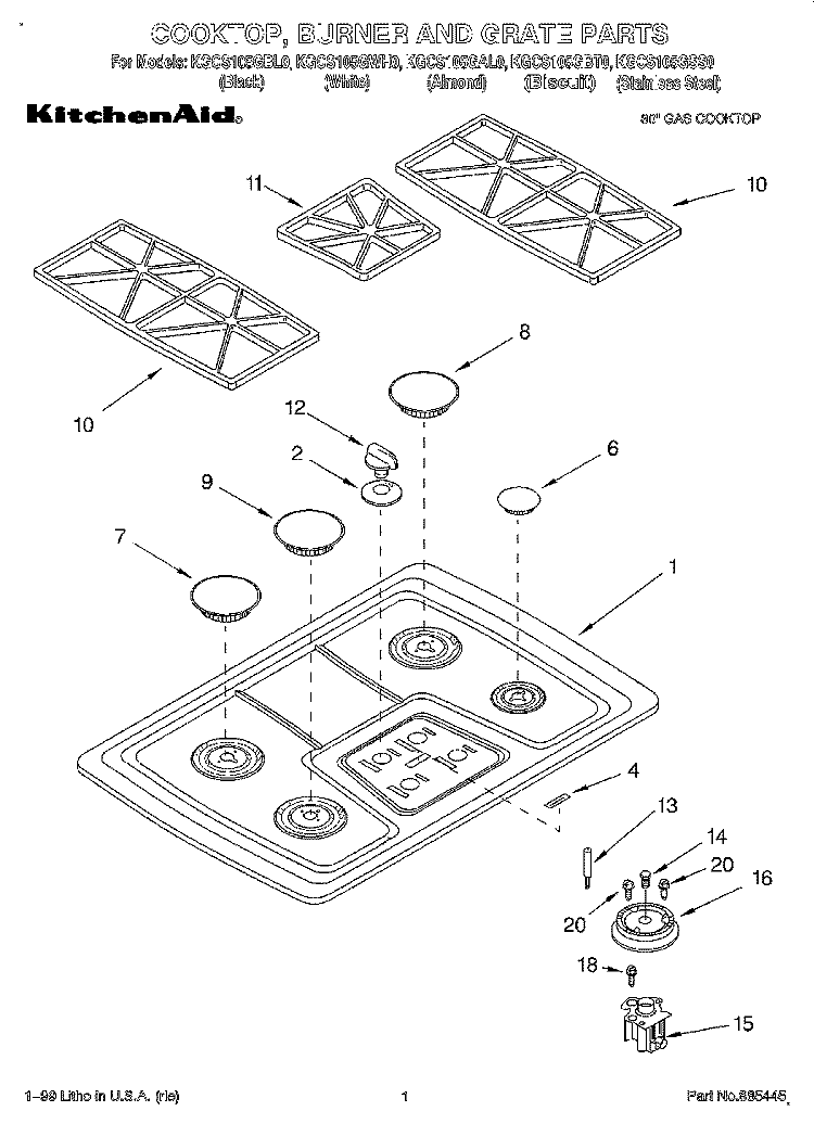 COOKTOP, BURNER AND GRATE PARTS Diagram and Parts List for KGCS105GAL0  KitchenAid Cooktop