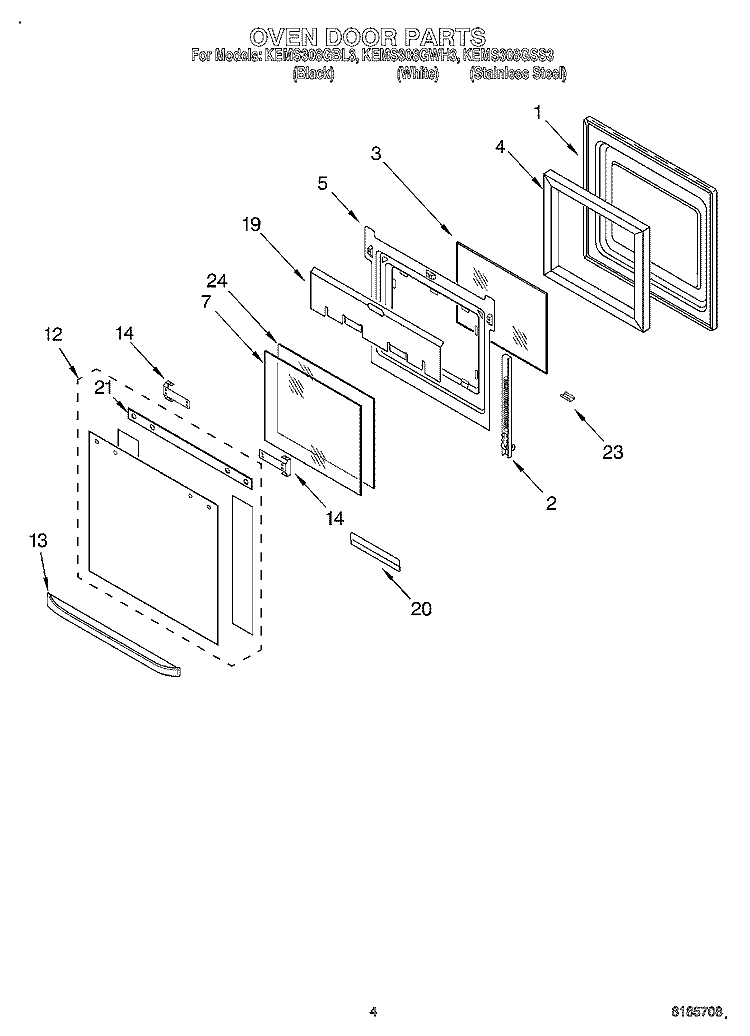 OVEN DOOR Diagram and Parts List for KEMS308GSS3  KitchenAid Microwave Oven Combo