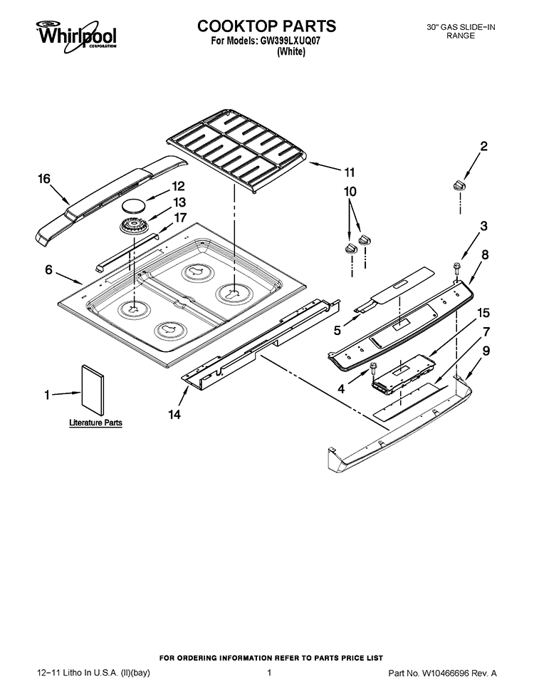COOKTOP PARTS Diagram and Parts List for GW399LXUQ07  Whirlpool Range