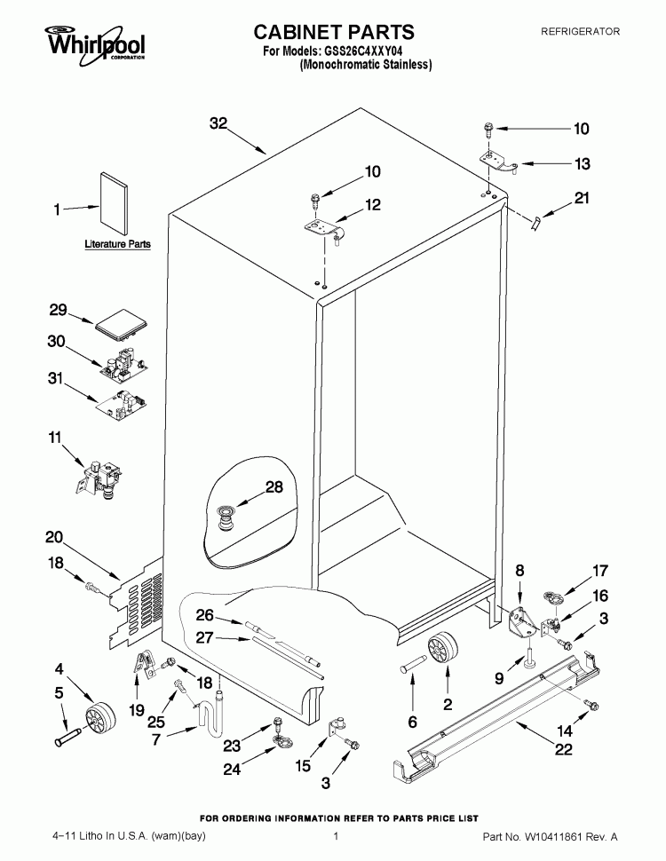CABINET PARTS Diagram and Parts List for GSS26C4XXY04  Whirlpool Refrigerator